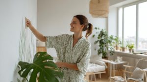 Vrouw brengt een groen bladmotief muursticker aan op een witte muur in een lichte, plantrijke woonkamer