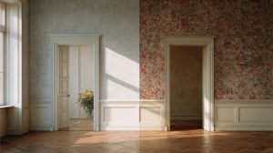 Kamer toont het contrast tussen een rustige, effen wandafwerking en een drukbepatroonde, ouderwetse wandbekleding