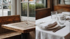 Contrast tussen een eenvoudige houten tafel in een gezellige bistro en een gedekte tafel met wit linnen in een chic restaurant.