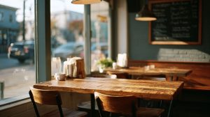 Rustieke houten tafel bij een raam in een informele eetgelegenheid, met een krijtbord met dagmenu en warm avondlicht op de achtergrond.
