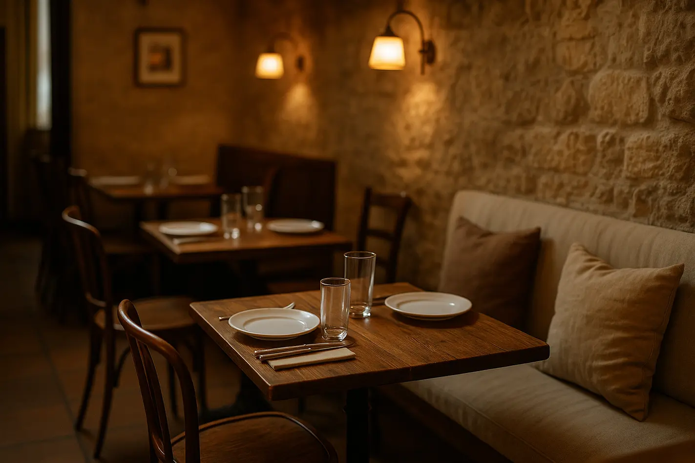 Restaurant vs bistro: intieme bistro met warme verlichting en rustieke charme