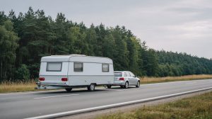 Auto trekt een aanhangwagen met een caravan over een landweg omzoomd door bos