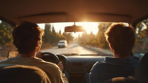 Twee personen in een auto tijdens het rijden, gezien vanaf de achterbank met zonlicht door de voorruit