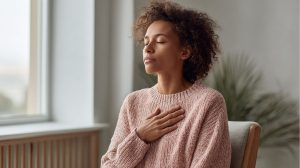 Vrouw met gesloten ogen en hand op haar borst tijdens een rustige adembegeleidingsoefening thuis