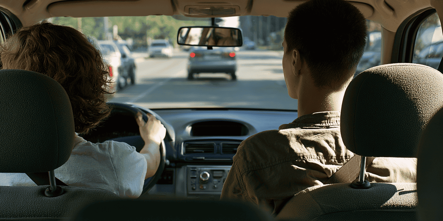 Twee personen tijdens rijles Twee personen tijdens rijles