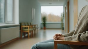 Persoon met gevouwen handen wacht rustig op een bankje in een lichte gang, mogelijk in afwachting van een gesprek over hulp bij zelfvertrouwen