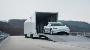 Witte elektrische auto rijdt de oprit op naar een volledig gesloten wittrailer voor vervoer op een lege snelweg