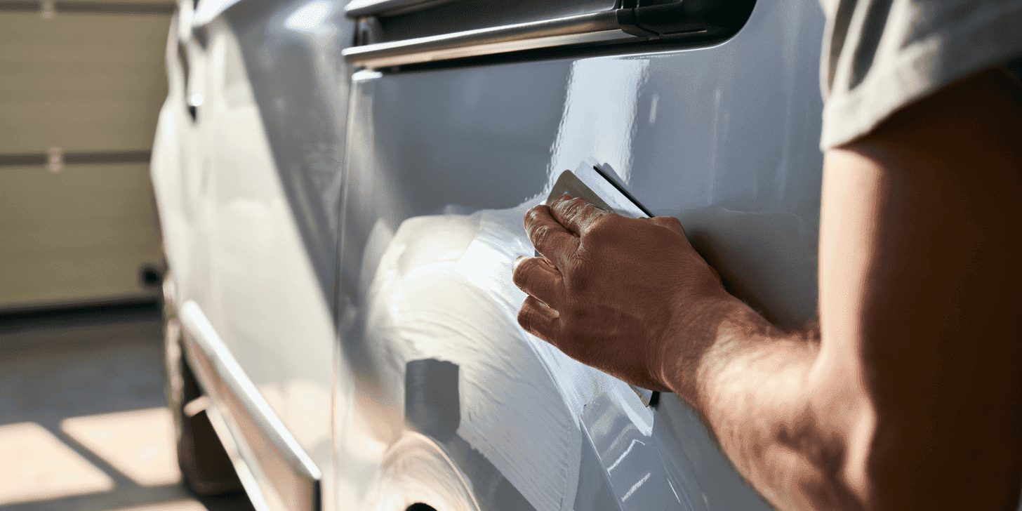 auto-wrappen-folie-aanbrengen-vino-automotive Monteur brengt matte folie aan tijdens het auto wrappen van een bedrijfsbusje