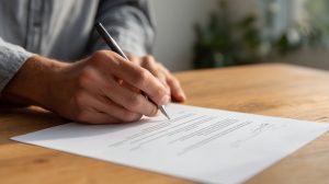 Close-up van een hand die een verhuisofferte ondertekent met een pen op een houten tafel