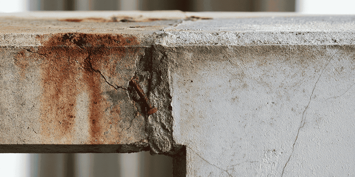 Betonnen balkonrand met roestvlekken en afgebrokkeld beton naast een oppervlak met lichte slijtage