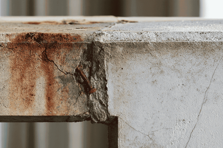 Betonnen balkonrand met roestvlekken en afgebrokkeld beton naast een oppervlak met lichte slijtage