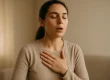 Persoon ademt diep in, hand op borst, ontspannen zittend. Verschil hyperventilatie kortademigheid duidelijk.