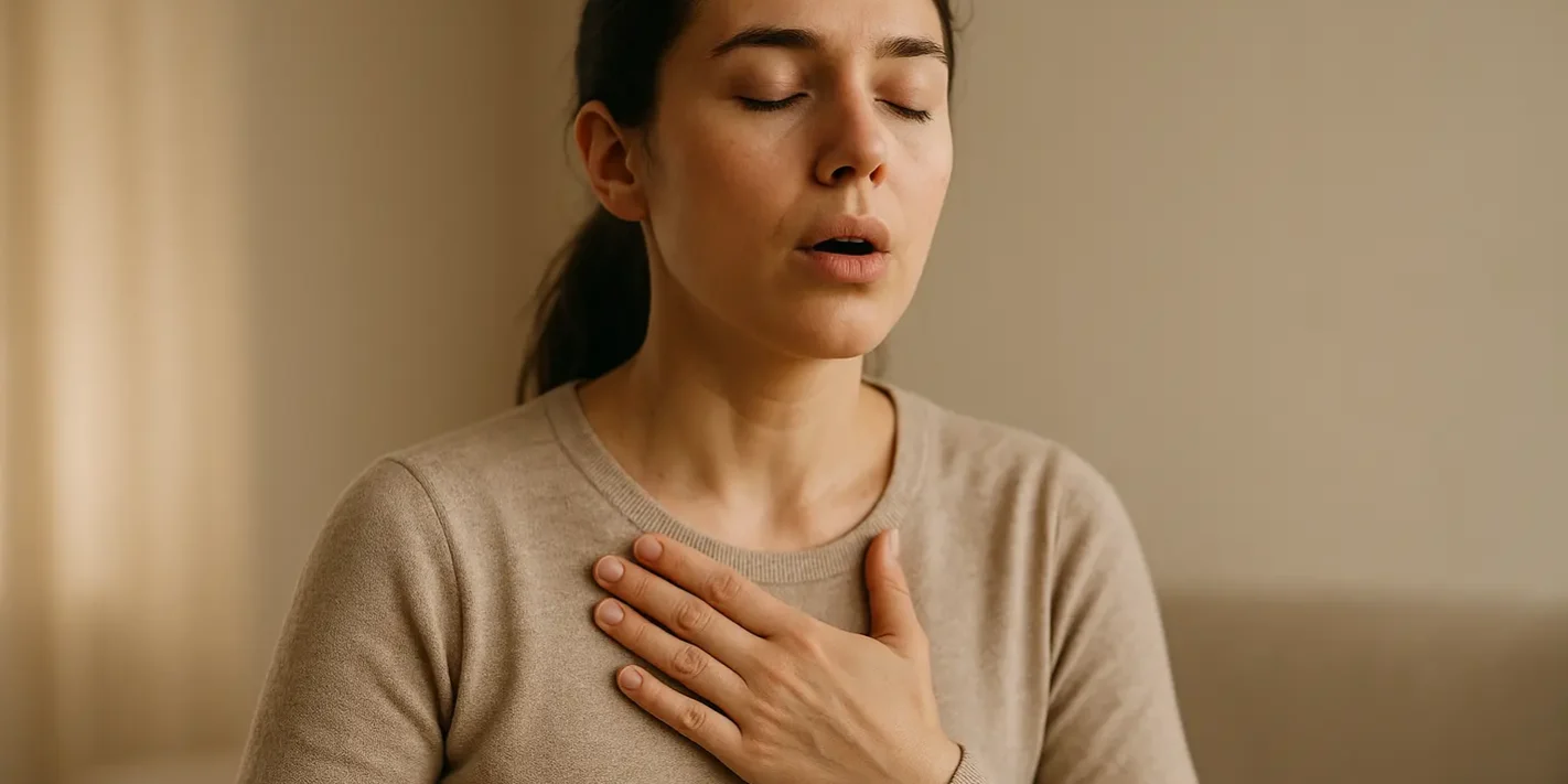 Het verschil tussen hyperventilatie en kortademigheid Persoon ademt diep in, hand op borst, ontspannen zittend. Verschil hyperventilatie kortademigheid duidelijk.