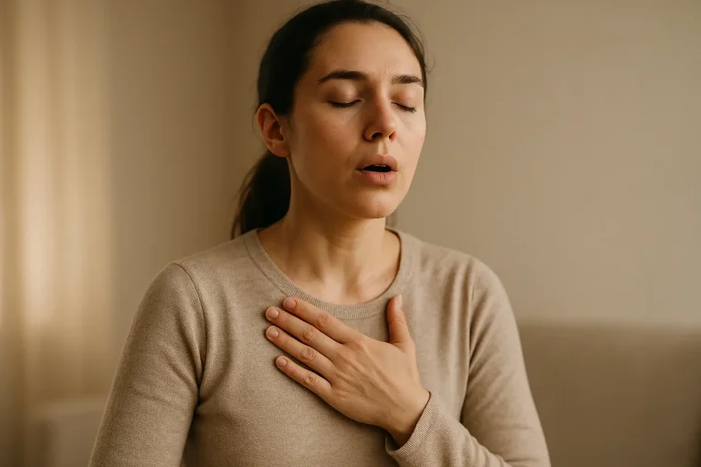 Het verschil tussen hyperventilatie en kortademigheid Persoon ademt diep in, hand op borst, ontspannen zittend. Verschil hyperventilatie kortademigheid duidelijk.