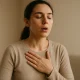 Persoon ademt diep in, hand op borst, ontspannen zittend. Verschil hyperventilatie kortademigheid duidelijk.