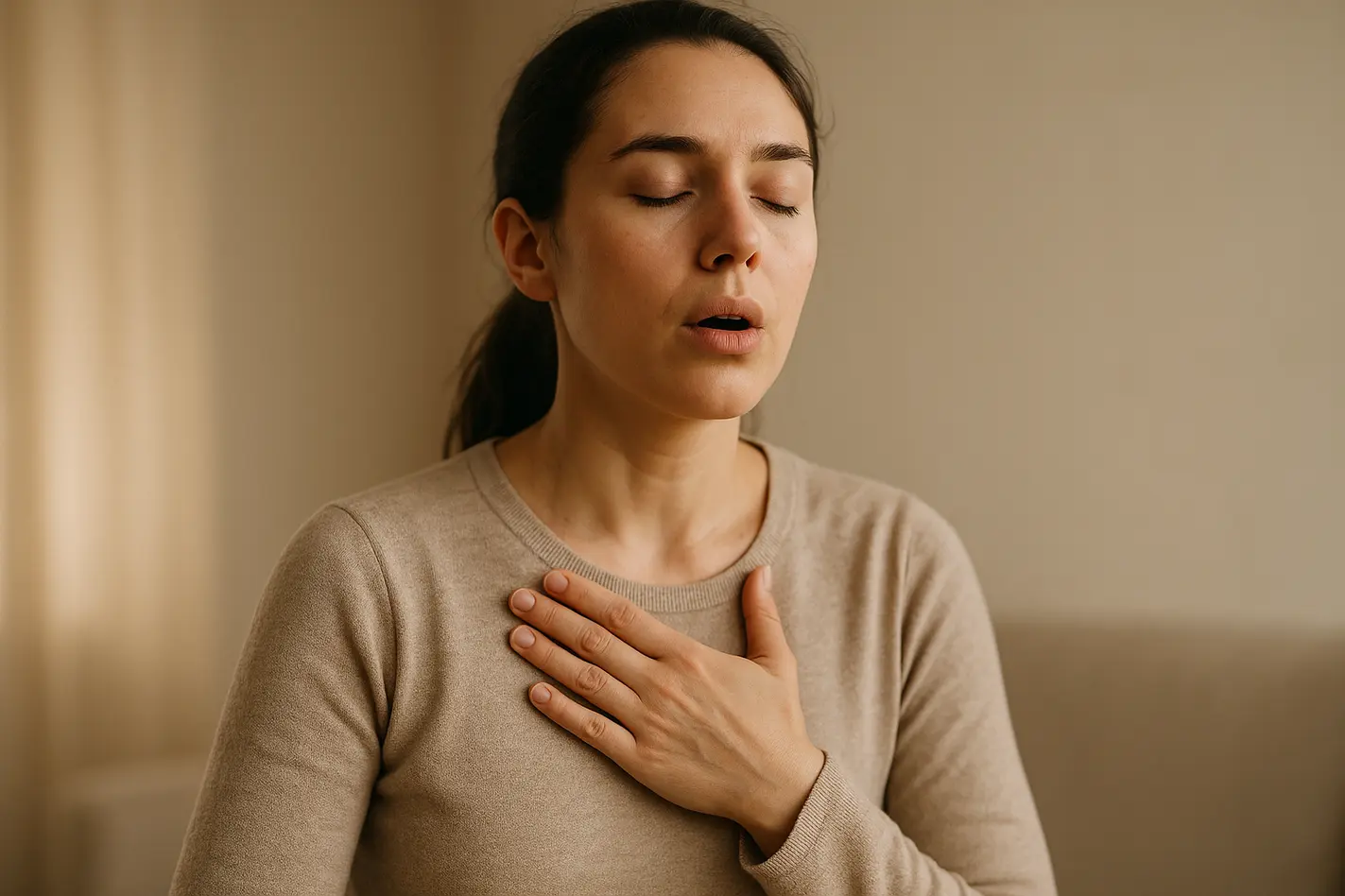 Het verschil tussen hyperventilatie en kortademigheid Persoon ademt diep in, hand op borst, ontspannen zittend. Verschil hyperventilatie kortademigheid duidelijk.