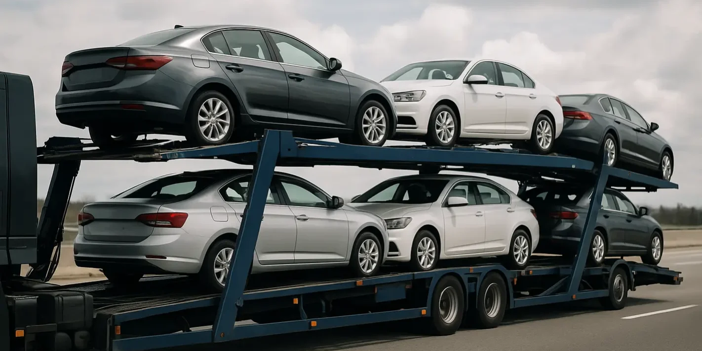 Het verschil tussen open en gesloten autotransport Open autotransport met meerdere voertuigen op snelweg