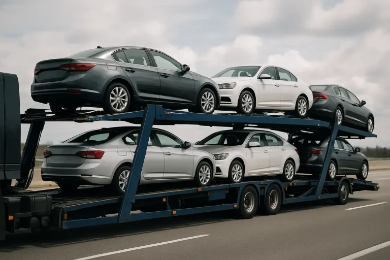 Het verschil tussen open en gesloten autotransport Open autotransport met meerdere voertuigen op snelweg