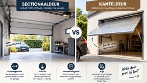 Infographic met het verschil tussen een sectionaaldeur en een kanteldeur op ruimtegebruik, isolatie, inbraakveiligheid en prijs