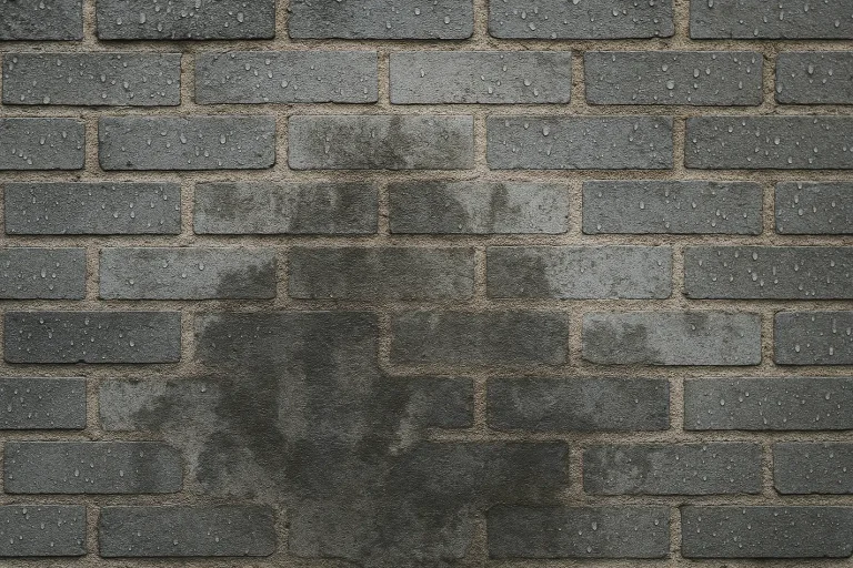 Het verschil tussen waterschade en vochtschade aan de gevel Gevel met vochtplekken en waterschade verschil zichtbaar door regen