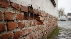Water sijpelt door een scheur in het voegwerk van een bakstenen gevel na hevige regenval
