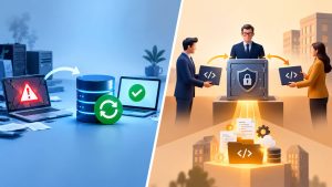 Illustratie van back-up en broncode-escrow: links gegevensherstel na een systeemstoring en rechts veilige broncodebewaring bij een onafhankelijke escrow-agent.