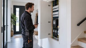 Elektricien in werkkleding controleert met een meetapparaat de groepenkast in de lichte hal van een woning