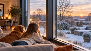 Meisje en golden retriever liggen op de bank en kijken door grote ramen naar een besneeuwde tuin bij zonsondergang