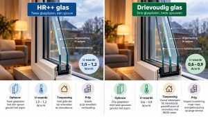 Infographic met doorsnede van dubbele en driedubbele isolatiebeglazing, met spouwen, argonvulling en U-waarden per type