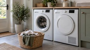Wasmachine en droger naast elkaar onder een houten aanrecht in een bijkeuken, met een rieten wasmand ervoor