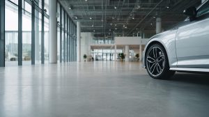 Gepolijste betonvloer met zachte glans in een ruime showroom, met de voorkant van een zilvergrijze auto rechts in beeld