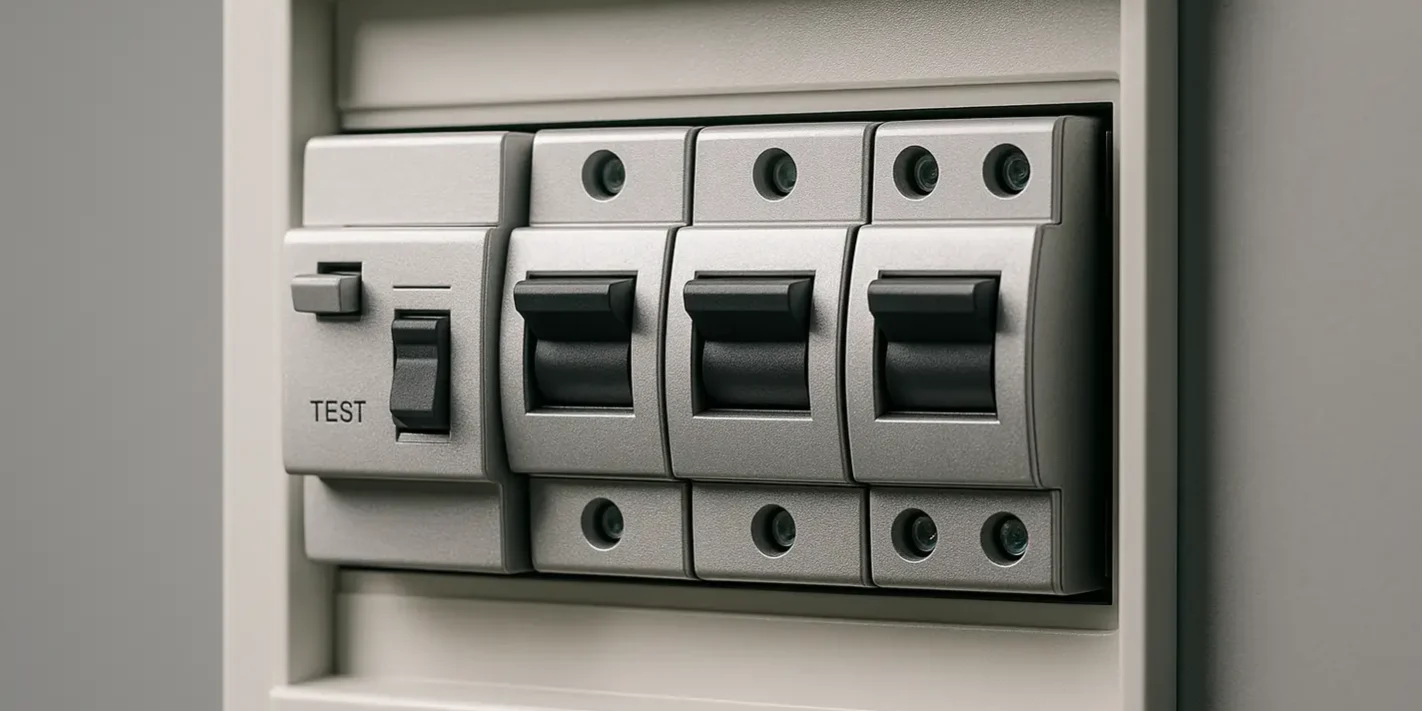 Moderne groepenkast met aardlekschakelaar kortsluitautomaat, zilverkleurig, professioneel verlicht