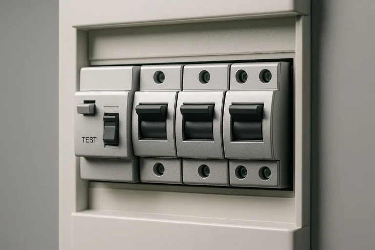 Het verschil tussen een aardlekschakelaar en een kortsluitautomaat Moderne groepenkast met aardlekschakelaar kortsluitautomaat, zilverkleurig, professioneel verlicht