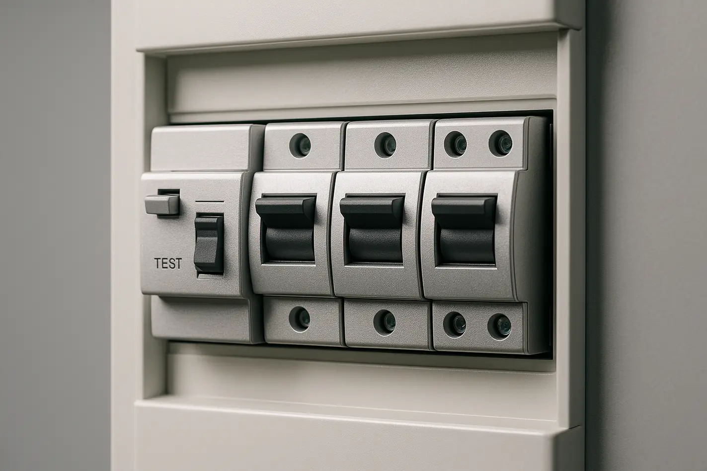 Het verschil tussen een aardlekschakelaar en een kortsluitautomaat Moderne groepenkast met aardlekschakelaar kortsluitautomaat, zilverkleurig, professioneel verlicht