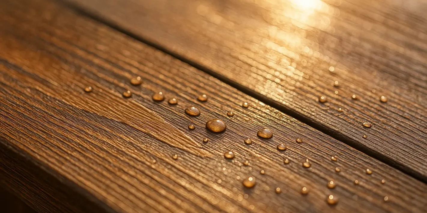 Weerhard buitenhout met beits of lak, waterdruppels en nerf zichtbaar