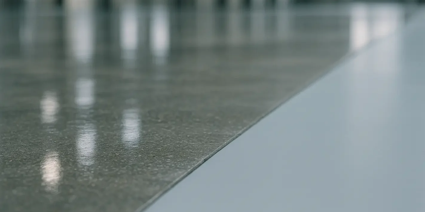 Glanzende gecoate bedrijfsvloer met epoxy-coating naast gepolijst beton