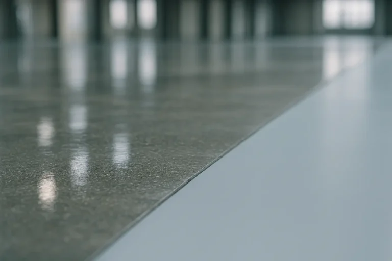 Het verschil tussen een gecoate en een gepolijste bedrijfsvloer Glanzende gecoate bedrijfsvloer met epoxy-coating naast gepolijst beton