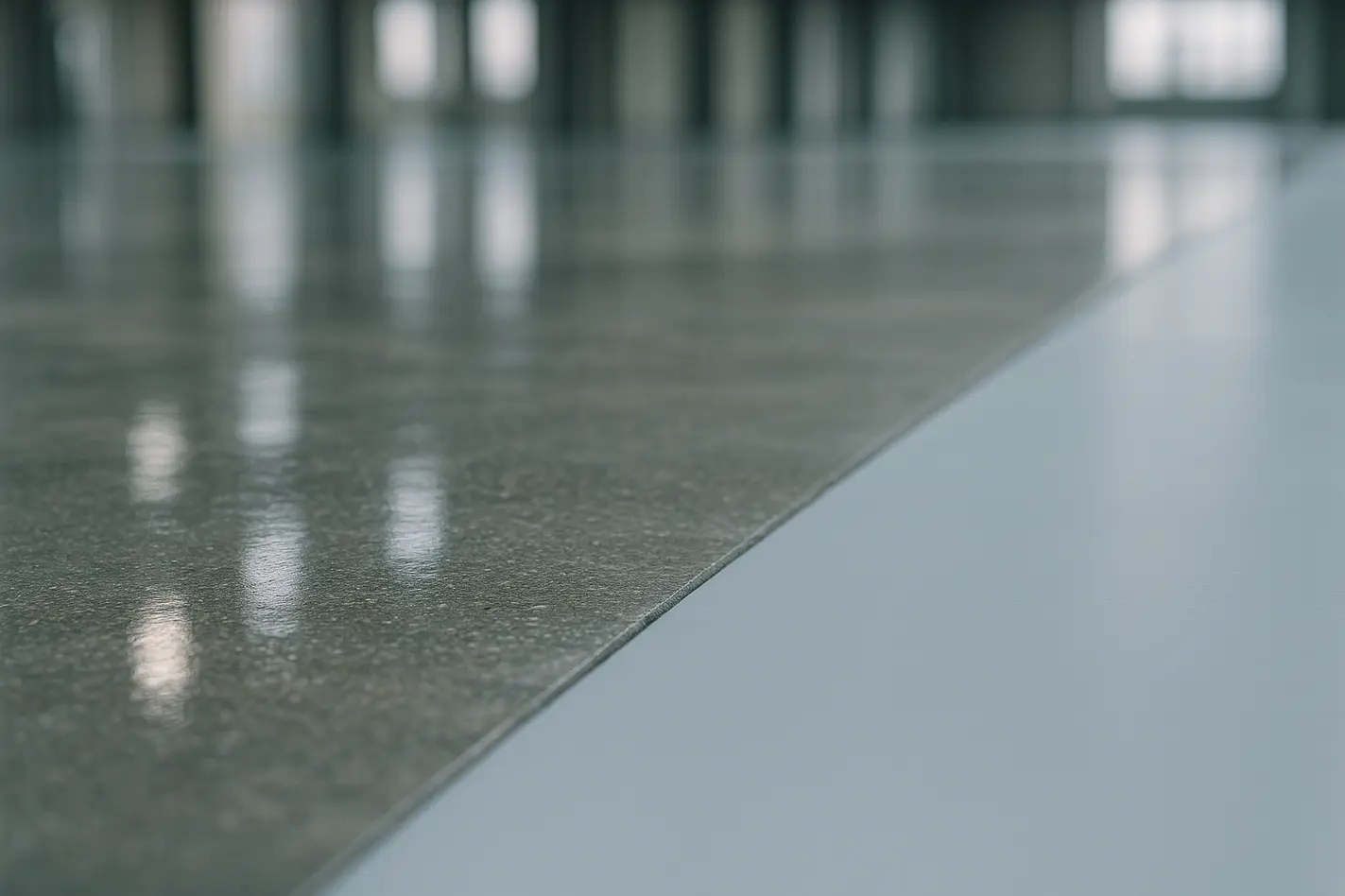 Het verschil tussen een gecoate en een gepolijste bedrijfsvloer Glanzende gecoate bedrijfsvloer met epoxy-coating naast gepolijst beton