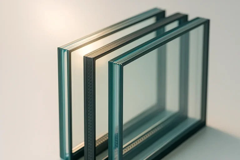 Het verschil tussen HR++ glas en drievoudig glas Drie HR++ glas drievoudig glas platen gestapeld met isolatielagen en argonvulling, zonlicht erdoor.