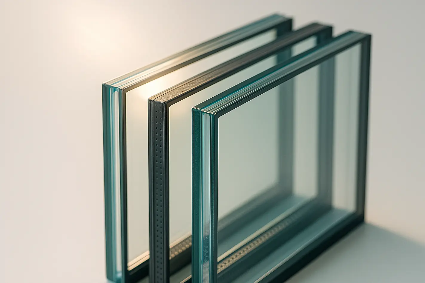 Het verschil tussen HR++ glas en drievoudig glas Drie HR++ glas drievoudig glas platen gestapeld met isolatielagen en argonvulling, zonlicht erdoor.